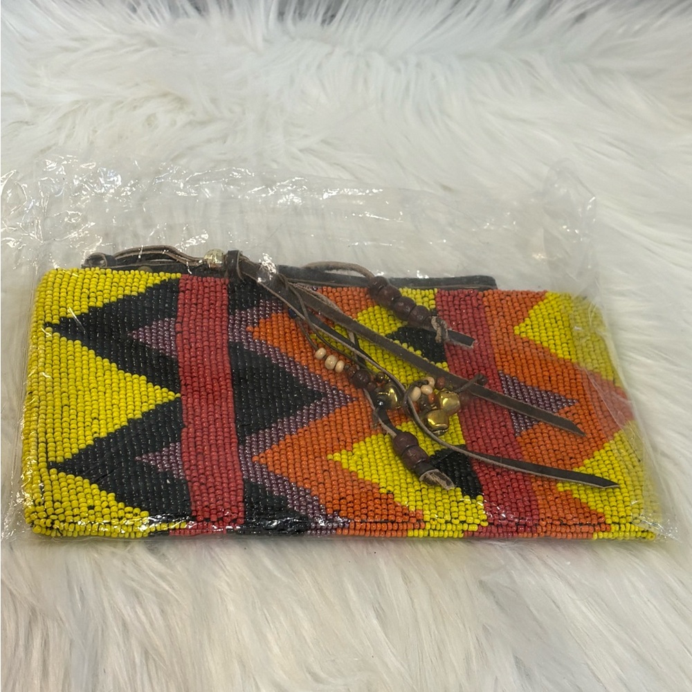 Navajo Hand-Beaded Geometric Wristlet Clutch in Yellow, Orange & Black